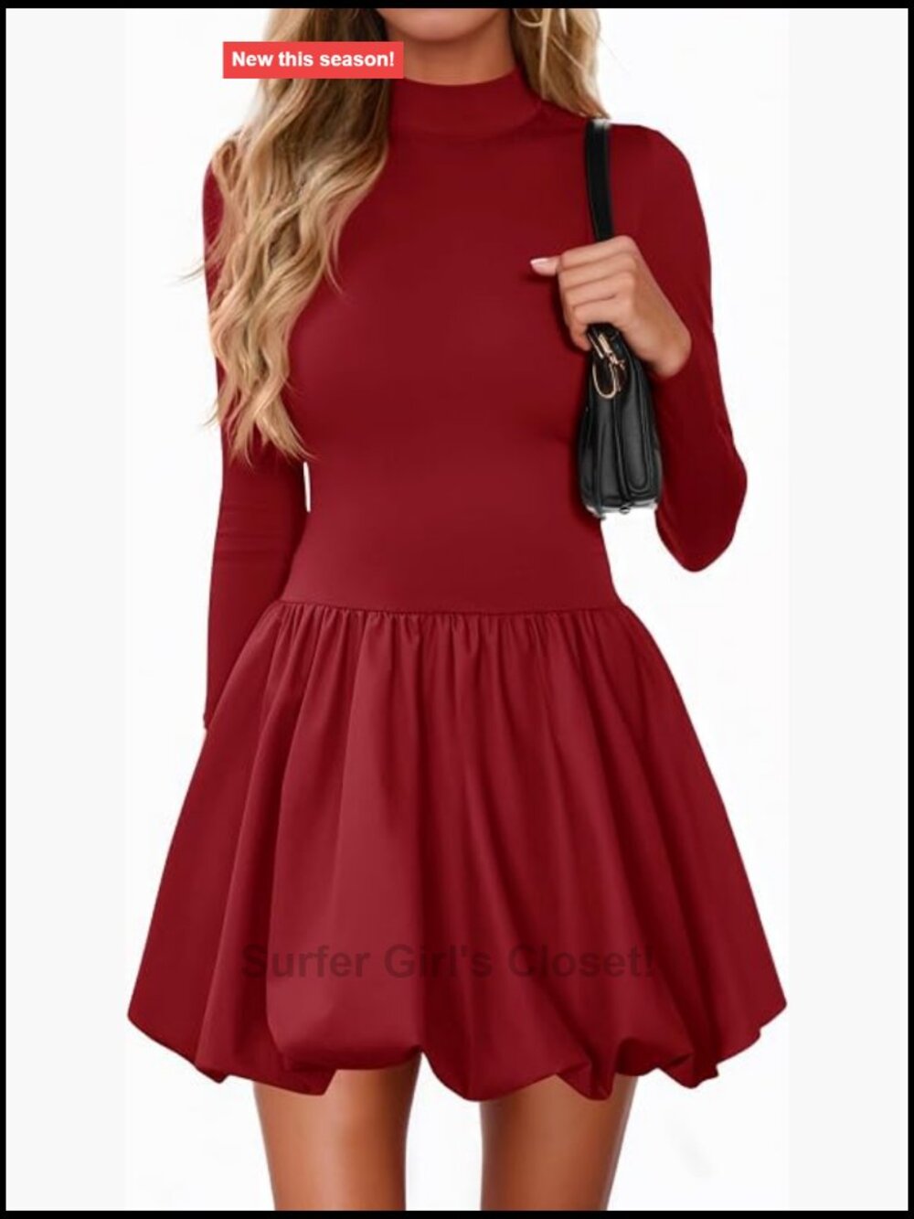 Long Sleeve Bodycon Bubble Mini Dress Mock Neck Slim Fit Cocktail Club Dress